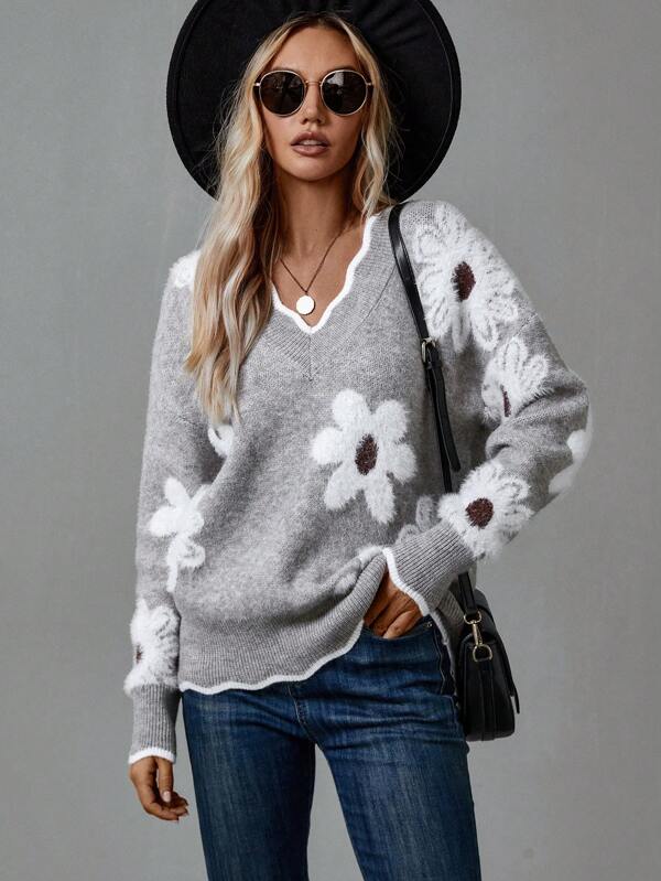 Thea™ | Elegant V-Neck Floral Sweater