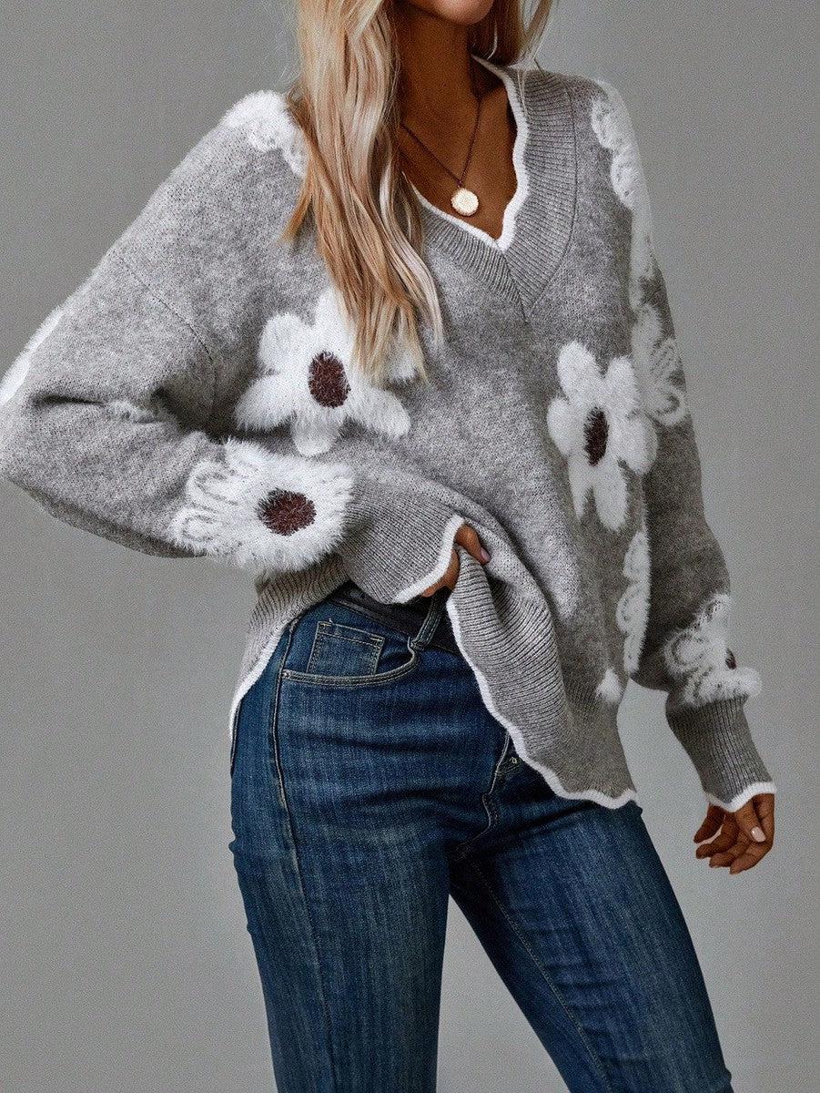 Thea™ | Elegant V-Neck Floral Sweater