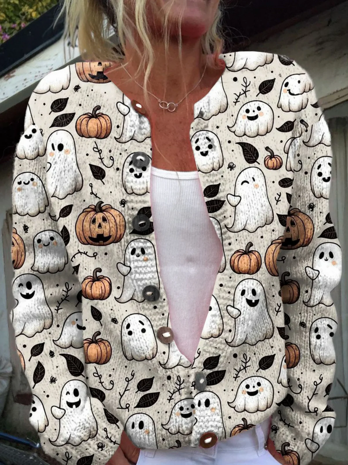 Funny Ghost Halloween  Art Print  Buttoned Cardigan Sweater
