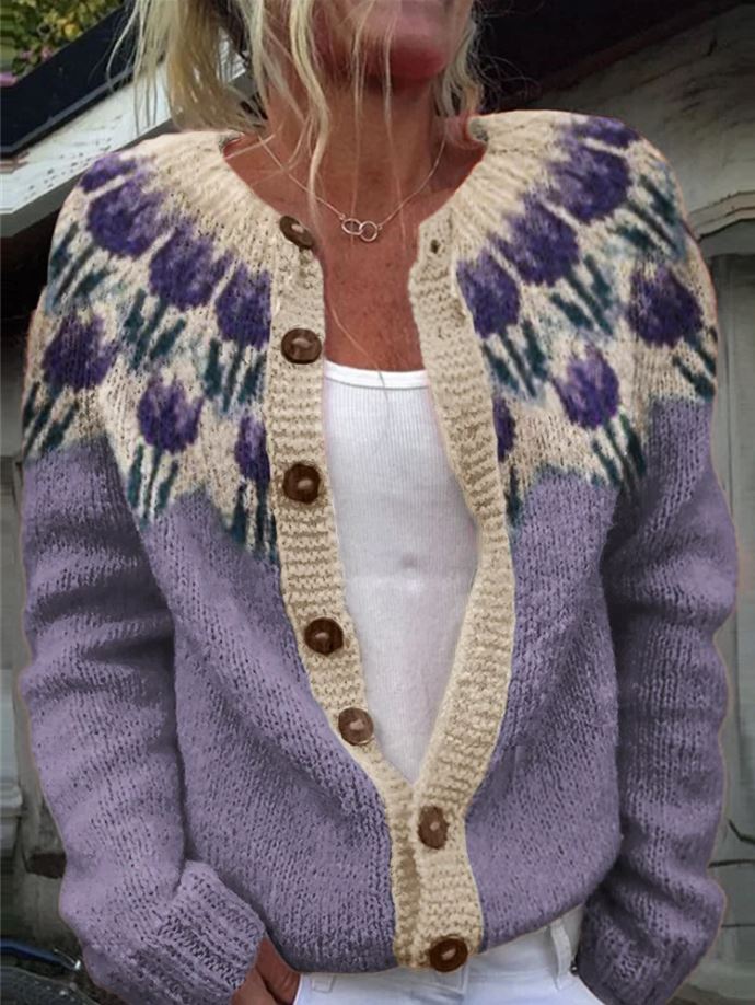 Chloe | Violet loose fitting cardigan with print