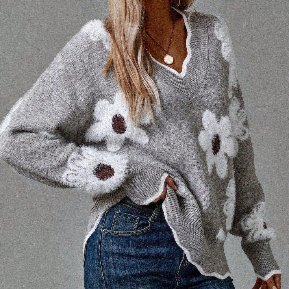Thea™ | Elegant V-Neck Floral Sweater