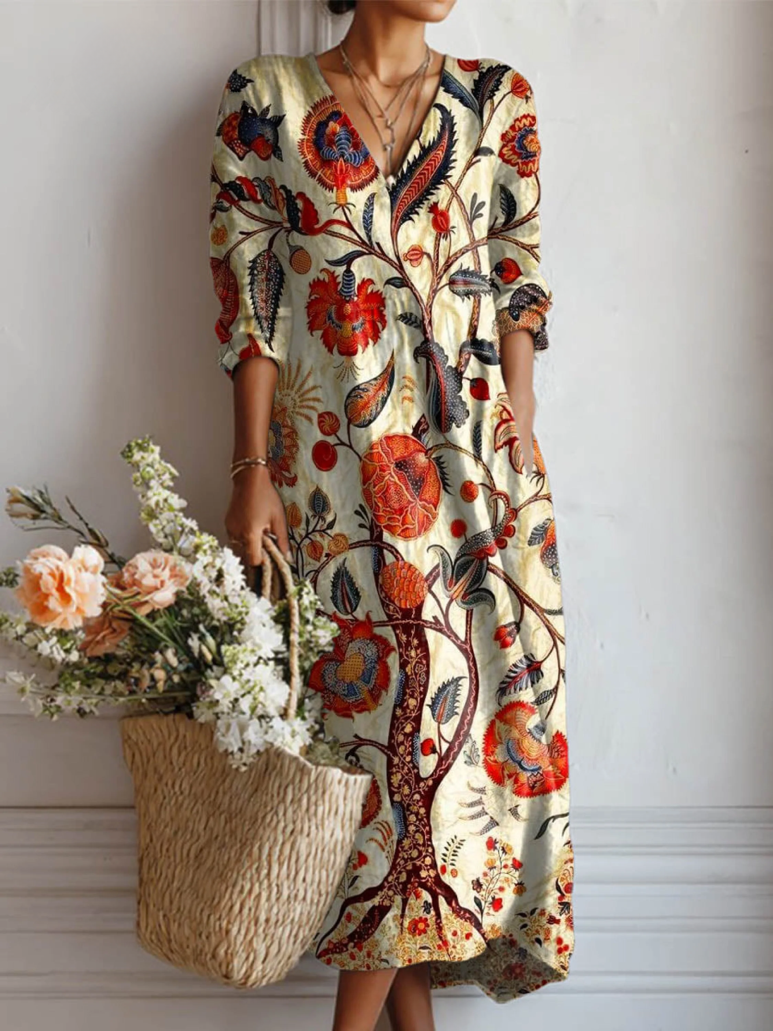 Women's Vintage Floral Pattern Art Print Cotton And Linen Pocket Dress