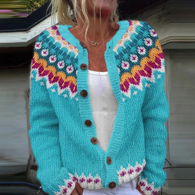 Mabel | Turquoise loose fitting cardigan with print